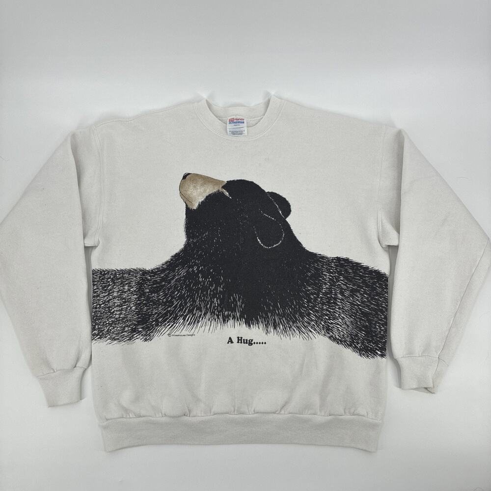 Vintage Bear Hug Nature Sweatshirt Men XL Off White Wheelhouse Pullover USA 90s - Picture 2 of 11